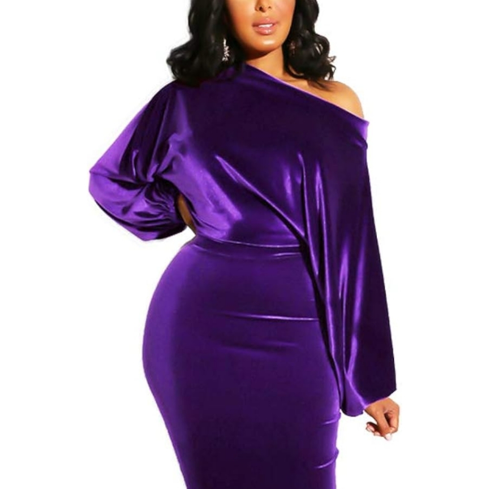 Elegant off shoulder dress, Bodycon, Purple, Velvet, long sleeve